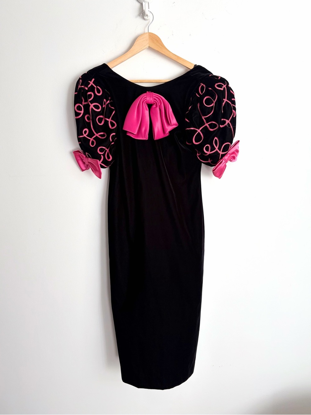 Vintage 90s Black Velvet Hot Pink Bow Puff Sleeve Dress Coquette Dollcore XS